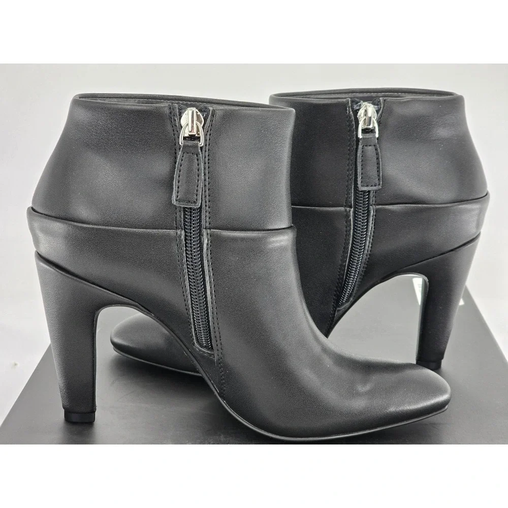 BCBG Riverlin Ankle Boots Women 5.5 Black Faux Leather Pointed Toe Heel - New